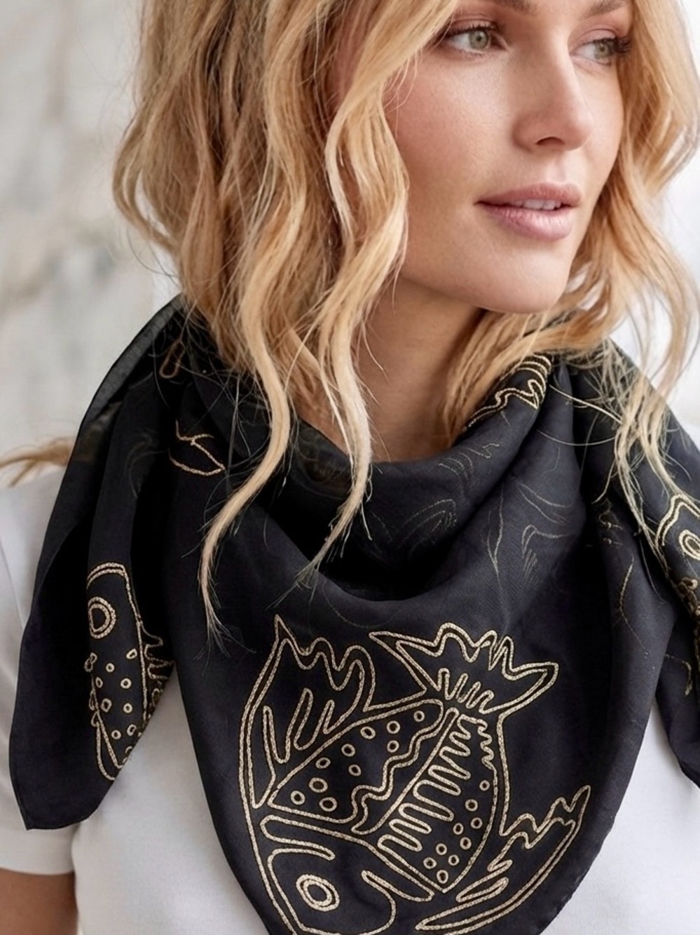 Elegant chiffon Black and Goldish Fish Pattern Scarf